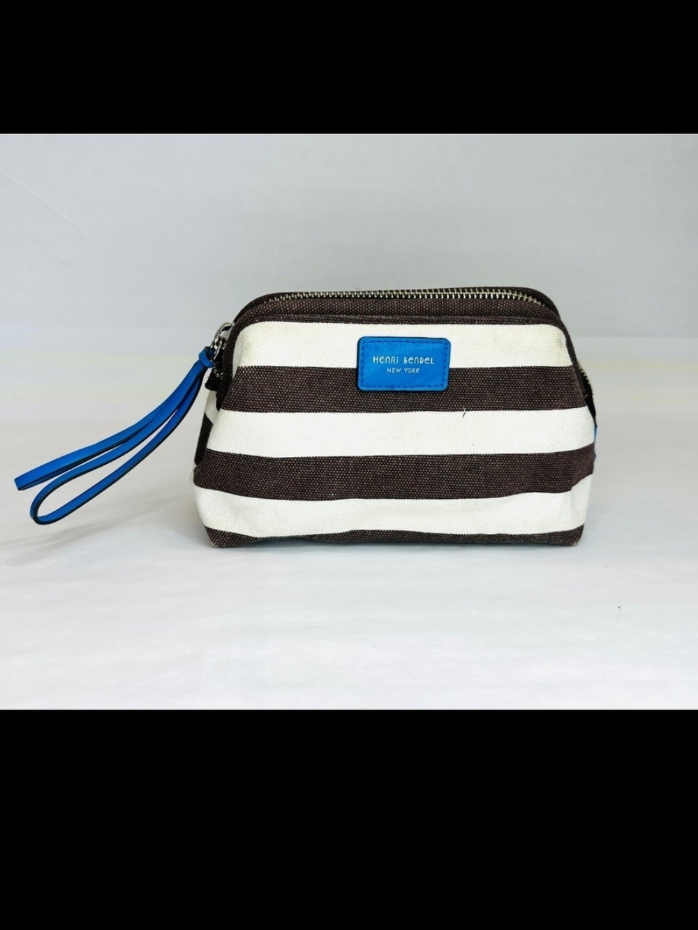 GUC: Henri Bendel Brown & White Striped Canvas Wristlet with Blue Trim